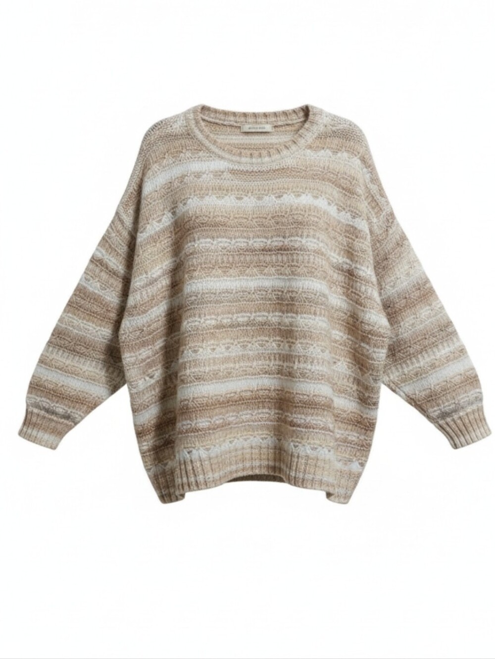 St. John's Bay Striped Open-Stitch Crewneck Sweater in Cream & Tan